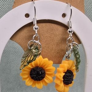 Sunflower Earrings with Green Leaf Accents